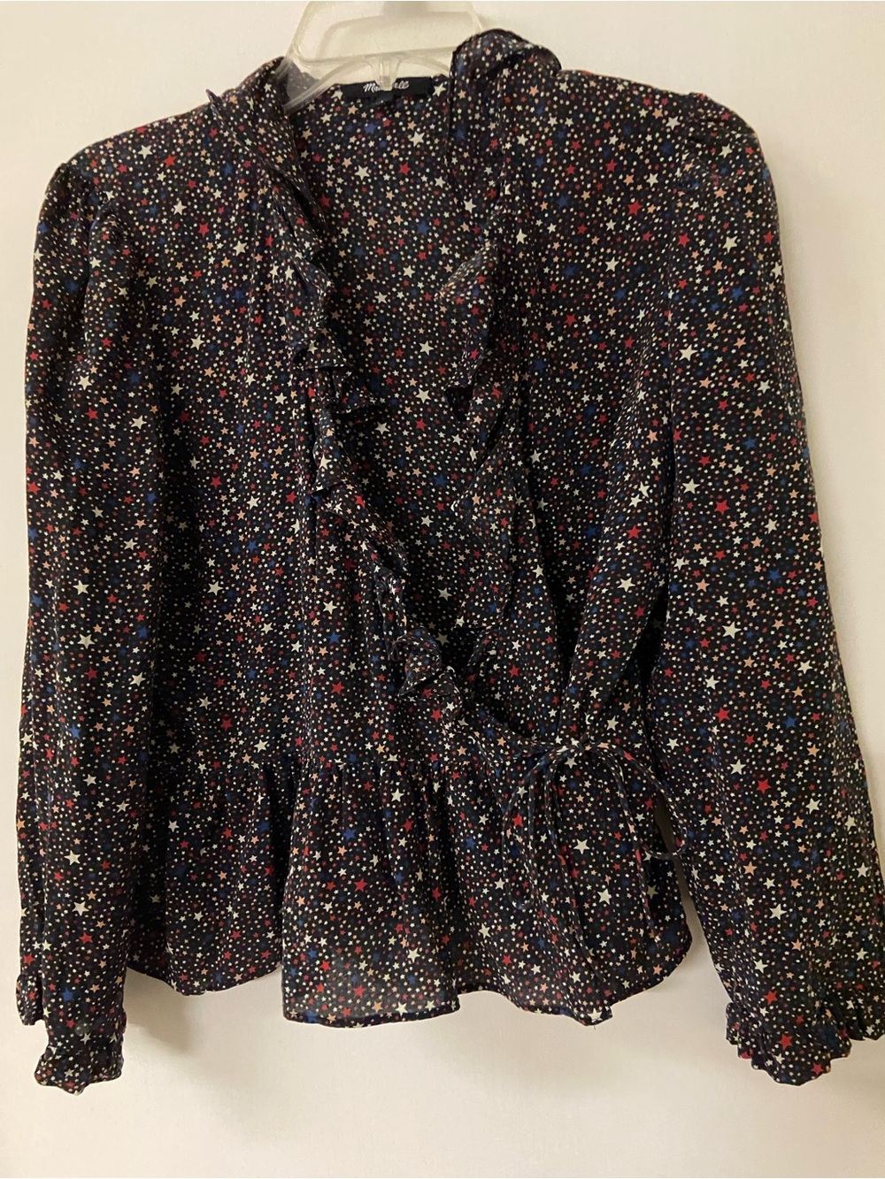 Madewell Silk Ruffle Hem tie front Wrap Top Starry Night Stars large blouse